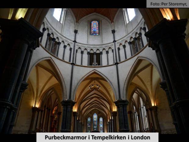 Tempelkirken i London. En av de mange kikrer og katedraler i England som tok i bruk Purbeck-marmor for å skape kontrast til lyse kirekevegger i middelalderen.