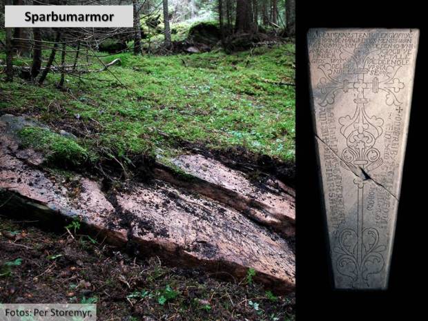 Den fine marmoren i Sparbu er ikke lett å få øye på. Men drar man bort mosen, så dukker det opp spor etter uttak av noen av Norges flotteste gravplater fra middelalderen.