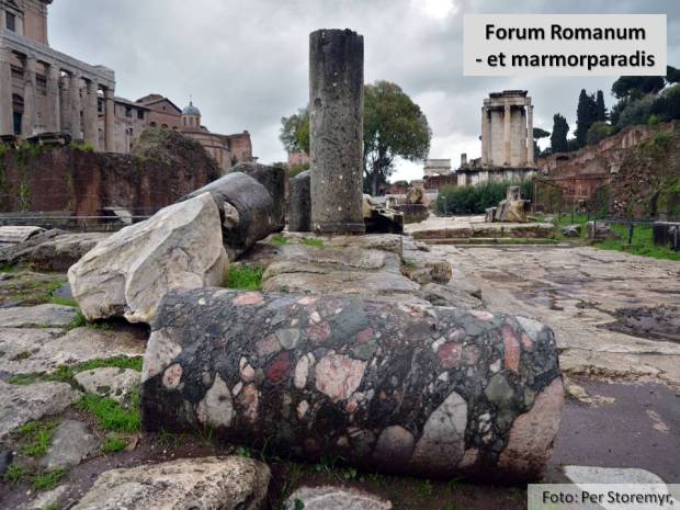 Ruinene av Forum Romanum er selve skattkisten når det gjelder marmor fra alle deler av det gamle imperiet. I forgrunnen fargerik Marmo Africano fra Tyrkia