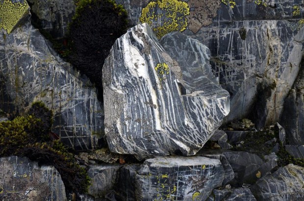 This is the rhyolite at Siggjo: fine-grained and banded. Photo by Per Storemyr