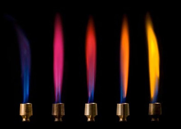 Bunsenbrenner. Stikker du salt inntil, så får du karakteristiske farger. Helt til høyre: fargen av natrium fra halitt. Foto fra http://www.conservation-science.ch/56-2-chemistry-flame-test.html. Se også https://en.wikipedia.org/wiki/Flame_test