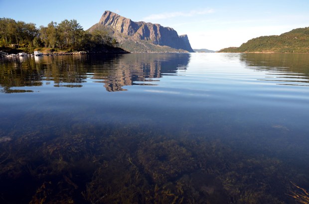 Er det en kvernstein der i dypet eller er det ikke? Den ligger i alle fall i en av de viktigste utskipningshavnene for kvernstein i vikingtid og middelalder - og sikkert også senere: i buktene ved Myklebustneset i Hyllestad. Og bakom ruver Lihesten. Foto: Per Storemyr