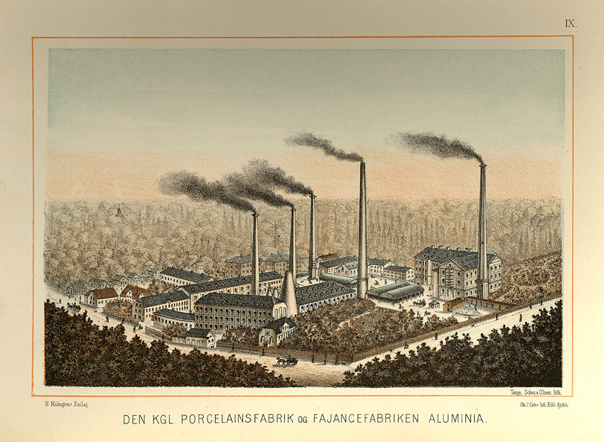 Porselensfabrikken i København. Tegning fra ca. 1888. Kilde: Wikimedia Commons