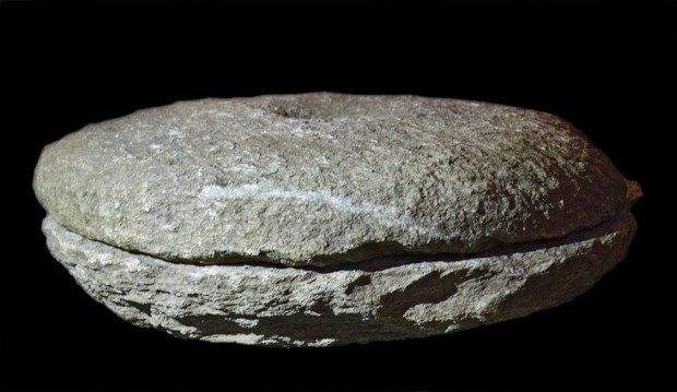 Pair of a rotary hand quern made from mica-rich gneiss found at Sørbø, c. 550 AD. Both the upper and lower stones are rather slim, diameter 46-47 cm. Archaeological Museum, University of Stavanger, inventory no. S12530.25. Photo by Per Storemyr