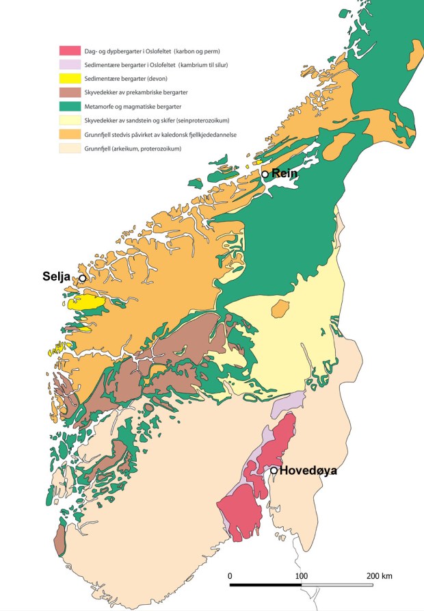 Grunnfjell på Selja, den kaledonske fjellkjede i Trøndelag og Oslofeltet under murene på Hovedøyas kloster. Dette er den spennende og varierte geologien ved noen av Norges viktigste klostre fra middelalderen. Kart fra NGU.