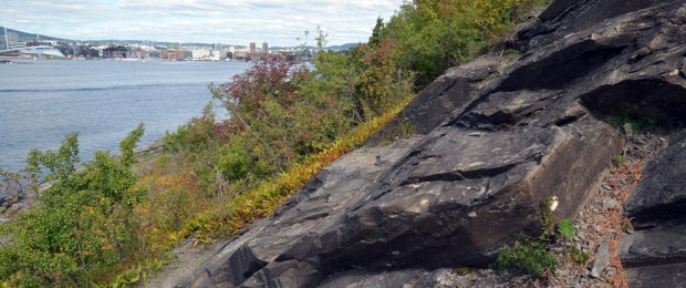 Sandsteinsbrudd på Hovedøya. Vi ser fra bruddet og rett mot Oslos havnebasseng. Dette er ikke er veldig gammelt brudd, men på akkurat det samme stedet der det ble brutt ut stein til klosteret i middelalderen. Foto: Per Storemyr