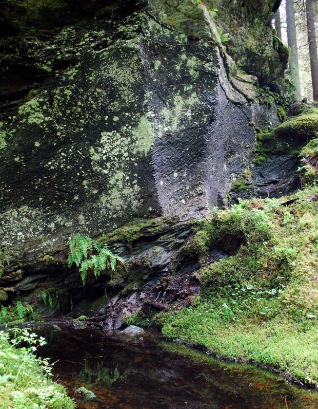 Et av Norges mange klebersteinbrudd som ennå ikke er registrert i Askeladden: Husby i Sør-Trøndelag - et svært brudd som ble mye brukt til de middelalderske bygningene i regionen. Dette er et av Norges best bevarte bygningssteinbrudd fra middelalderen. Foto: Per Storemyr