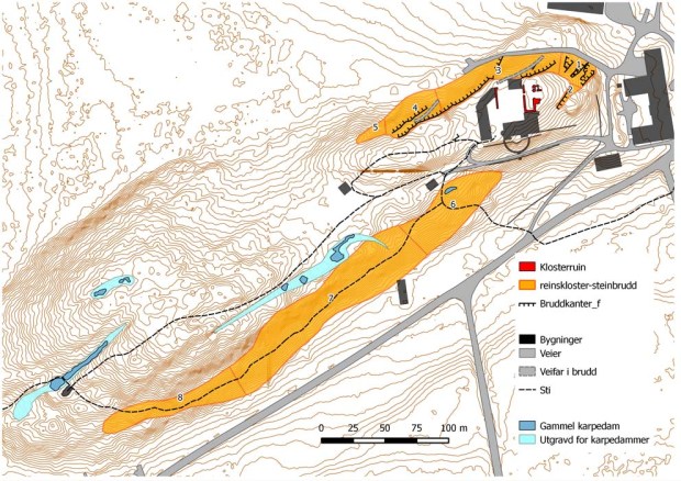 Kart over steinbruddene ved Reinskloster. Totalt dekker de gamle bruddene nesten 15 mål i det overgrodde landskapet. Kart: Per Storemyr og Hans Marius Johansen