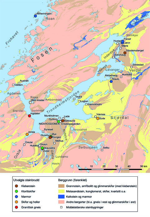 Forenklet geologisk kart over Trøndelag med gamle steinbygninger, samt et utvalg kjente og sannsynlige steinbrudd fra middelalderen tegnet inn. Almlia, Ingdalen, Sorte og Stavlo er ikke bekreftet som middelalderbrudd. Kart: Per Storemyr; geologi forenklet etter Norges geologiske undersøkelse.