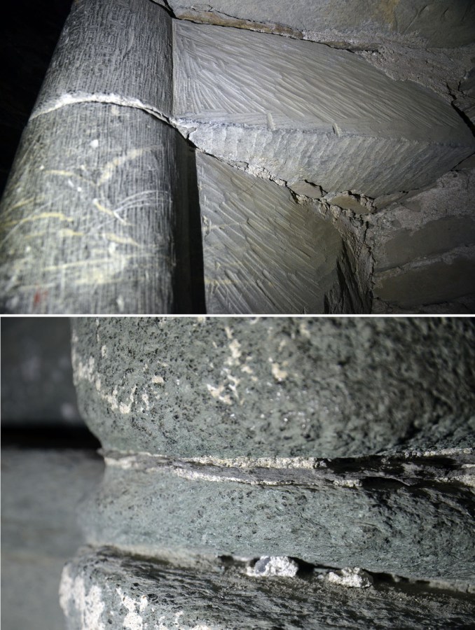 Nederst: Detalj av trappesteinen i nedre del av vindeltrappen i tårnet på Værnes kirke. Vi ser at fugen mellom de grønne klorittskiferne er pinnet med en mørk skifer, kanskje fra bruddet på Sorte. Øverst: Detalj av vindeltrappens øvre deler. Her finner vi meget godt bevart kleberstein – Trondheimskleber – med svært gode hoggespor. Foto: Per Storemyr.