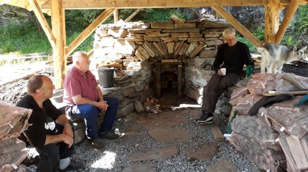 Last minute changes 2: The inner arch in the opening secured by a steel construction. Oddvin, Sveinung and Torbjørn with our mascot: The limeburner goat!