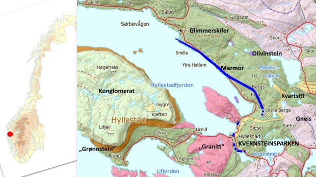 Hyllestad is situated far west in Norway. The geology features a bench of impure marble running through much of the municipality (blue on map). This is the marble, a crystalline limestone, that was used in the lime burning experiment.