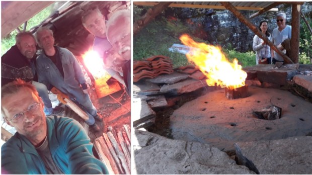 Happy limeburners: Per, Chris, Terje B, Terje G, Tore and Sveinung. The wooden chimney goes up in flares, leaving the chimney hole!