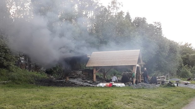 Less smoke than we expected, but on feeding the kiln (2-3 times/hour) there was the occasional outbreak!