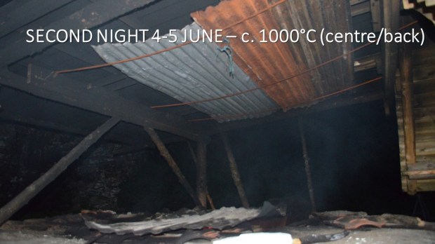 The kiln has burnt for about 40 hours. We started to get a bit worried about the wooden roof; hot up there above the kiln… So we improvised, and all went well!