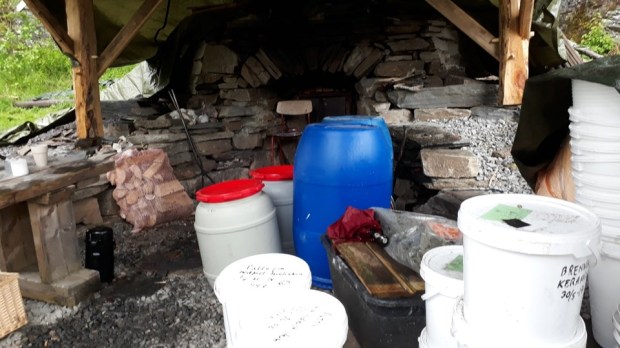 Barrels and buckets ready for packing the burnt marble – Hyllestad quicklime!