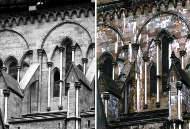The newly restored choir at Nidaros Cathedral in the 1880s (left) and 1994 (right), before the last restoration early 2000s. All the white calcite crusts are a result of leaching of calcium hydroxide from Portland Cement used in the 1880s. Photos by the Nidaros Restoration Workshop and Per Storemyr.