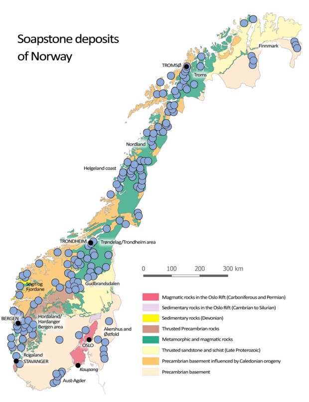 KLEBERBRUDD: De viktigste klebersteinsforekomstene i Norge. Storparten av forekomstene har eldre og/eller nyere brudd. Kart modifisert fra mineralressursdatabasen til ngu.no.