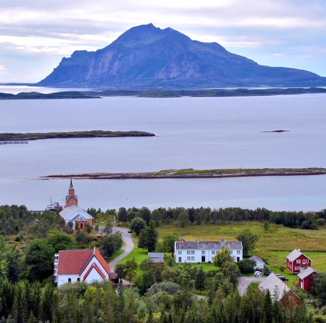 Gildeskål medieval marble church (low left). Far up in Northern Norway. With the Atlantic Ocean as the nearest neighbour. Photo by Per Storemyr