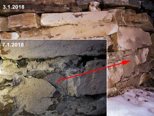 Sterk forvitring på en del kalkovnen mellom 3. og 7. januar 2018. Slemming og puss er helt ødelagt. Foto: Per Storemyr