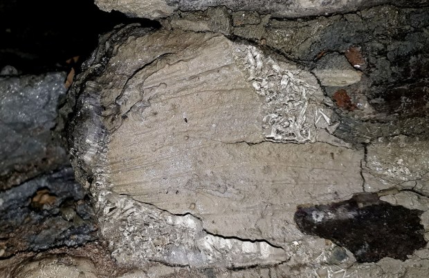 Iskrystaller som har vokst delvis oppå puss, delvis i sprekker mellom puss og stein, 3. januar 2018. Bildebredde ca. 15 cm. Foto: Per Storemyr 