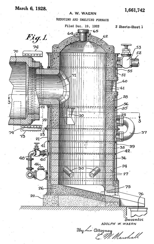Tegning av patentert smelteovn for gjenvinning av kjemikalier fra avfall i cellulosefabrikkene. US Patent no. US1661742 (Adolph W. Waern, 1928). «Skallet» i ovnen er i hovedsak laget av kleberstein satt i betong.
