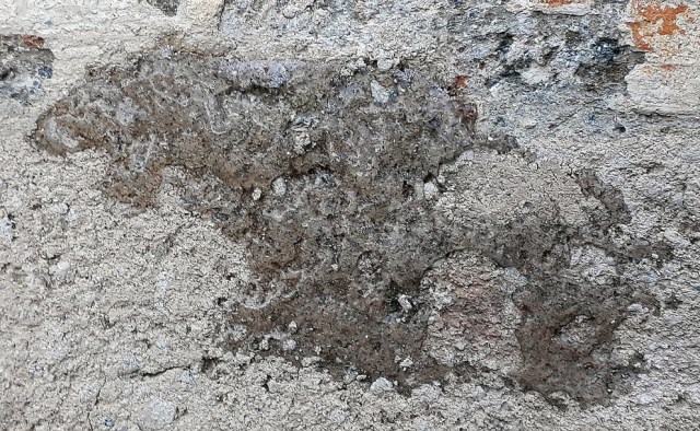Ice-formation (dark grey) on the surface of mortar joints at the Millstone Park limekiln, indicating excess moisture in the masonry. Width of image c. 15 cm. Photo by Per Storemyr