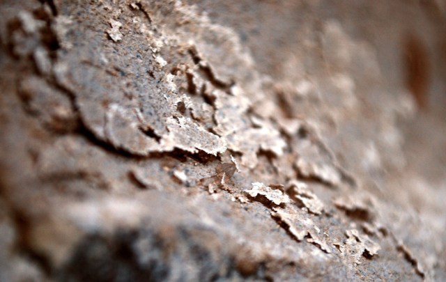 Close-up of scales at the lime mortar on the Millstone Park limekiln. The scale are 1-3 mm thick. Photo by Per Storemyr