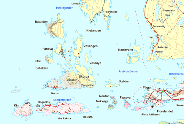 Utsnitt av det geologiske kartet for området rundt Kinn og Florø. Rose er gneis og gult er devonsk sandstein. Kart: NGU