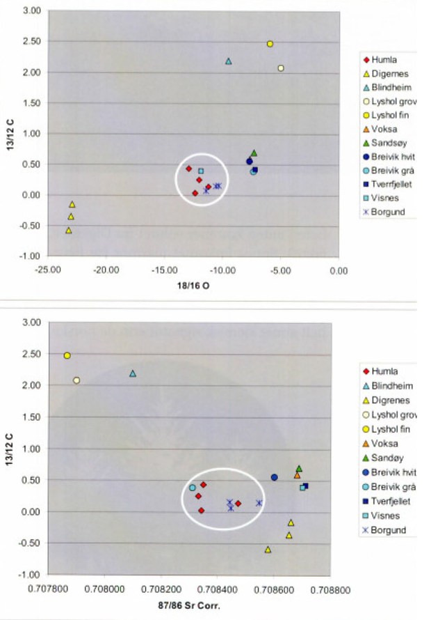Isotopanalyser (O, C og Sr) av ulike møremarmorer plottet mot hverandre for å komme på sporet av de enkelte marmorenes proveniens. Vi ser at marmor fra Borgund (blått kryss) plotter nær marmor fra forekomstene på Humla (rød). Dette er de nærmeste forekomstene til Borgundkaupangen. Analyser og figurer: Tom Heldal/NGU
