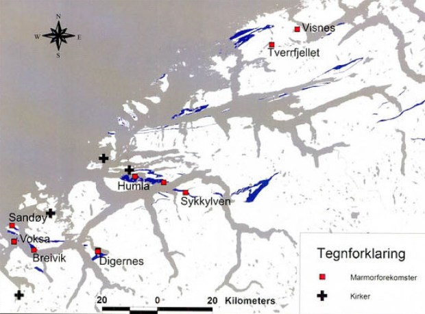 Oversikt over marmorforekomster i Møre og Romsdal. Kart: Tom Heldal, NGU. Oversikt over kalkverk-tradisjonene ved disse forekomstene finner man i Heltzens «Bergverksdrift på Sunnmøre i gammel og ny tid»