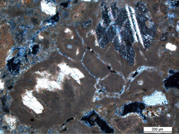Mikroskopibilde av mørtelen i den romanske delen av Albanuskirken på Selja, 1100-tallet. Halvbrente marmorkorn fyller ut storparten av bildet. Oppe til høyre er marmorkornet noenlunde friskt i «kjernen» (legg merke til såkalte tvillingstriper i kalkspaten), mens det er brent og karbonatisert kalk omkring (svært finkornet). Nede til venstre er et korn som er nesten helt brent. Foto: Mark Thacker
