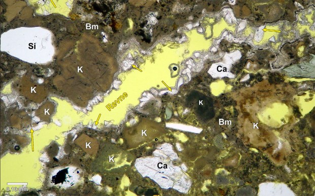 Mikroskopibilde av mørtelen i den romanske delen av Albanuskirken på Selja, 1100-tallet. Vi legger merke til kalkklumper (K), korn av ubrent marmor (Ca) og mye rekrystallisert kalk i sprekker (merket med piler). Foto: Torben Seir