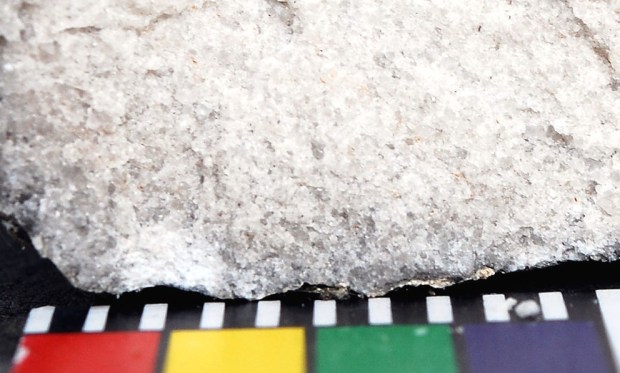 Makrofoto av en ubrent marmorbit fra den romanske delen av Albanuskirken. Marmoren er finkornet, kornstørrelsen er stort sett mindre enn 1 mm (mm-skala i forkant). Foto: Per Storemyr