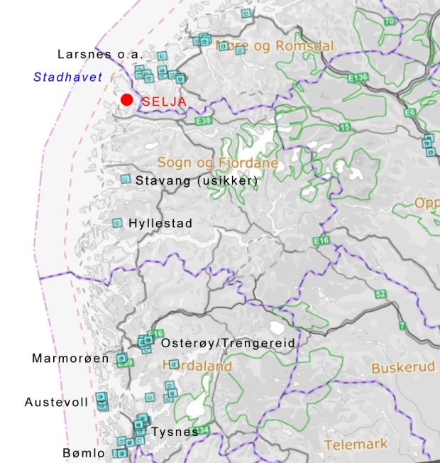 Kjente marmorforekomster på strekningen mellom Sunnhordland og Møre. Kilde: NGU