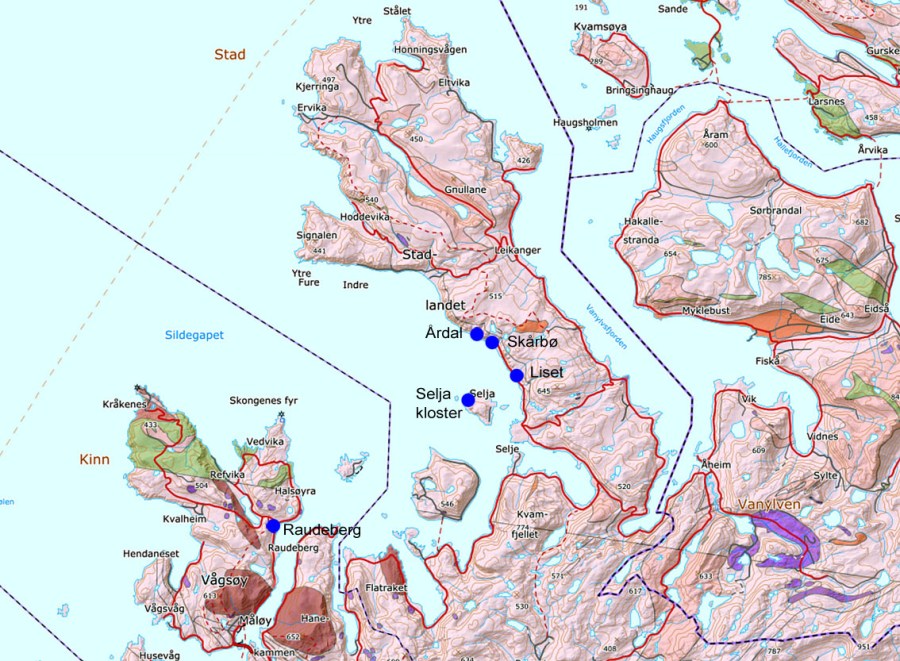 Geologien omkring Selja og stder nevnt i artikkelen (rose er gneis, fiolett er olivinstein, brunt er mangerittsyenitt, grønt er amfibolitt og glimerskifer)
