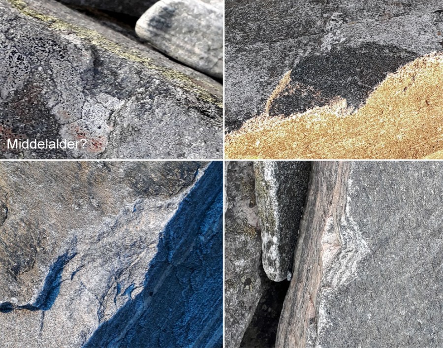 Merker etter splitting av gneis i hellebruddet på Skårbø. Merket oppe til venstre er likt de vi finner på Selja og kan godt være fra middelalderen (ca. 2 cm bredt). Foto: Per Storemyr