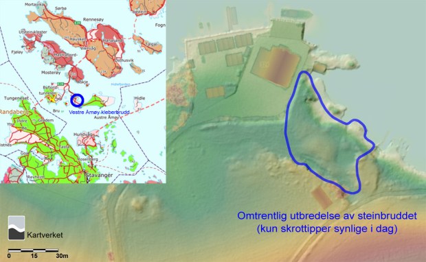 Kart over kleberbruddet på Vestre Åmøy. Grunnkart: Lidardata fra https://hoydedata.no/LaserInnsyn/. Innfelt: Geologisk kart over området, fra http://geo.ngu.no/kart/berggrunn_mobil/