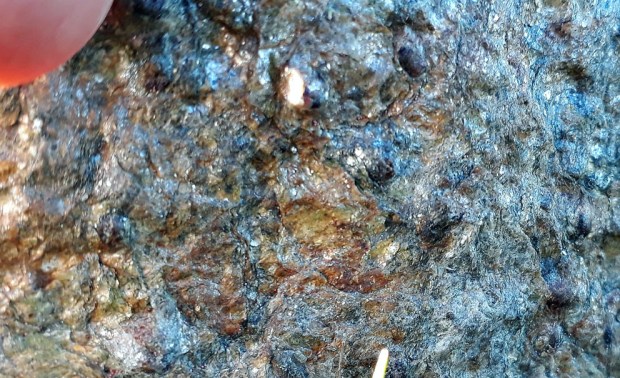 Et litt uskarpt nærbilde av stumpen av Soknakrossen. Vi ser mørke granater med lys glimmer omkring, og nede til venstre kan vi ane mulig kyanitt. Foto: Per Storemyr