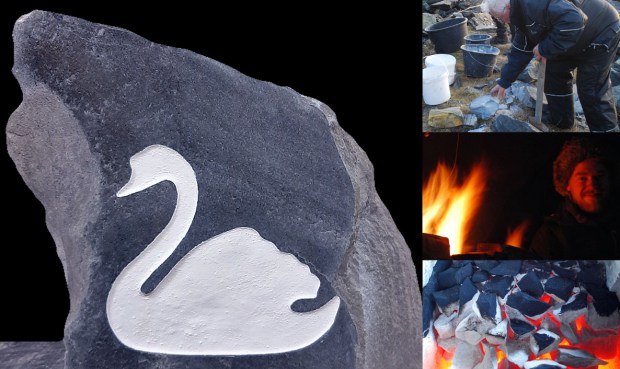 Julekalkbrenning i Hyllestad: Fra hogging av marmor i gamle Smilla kalkverk, gjennom stemningsfull brenning til hvit kalkkunst på Smillamarmoren, signert Torbjørn Løland. Fotos: Torbjørn Løland og Per Storemyr