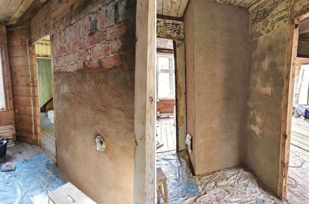 Murene er ferdig spekket i fugene og har fått et pusslag av beige Hyllestadkalk. Foto: Berit Bruvik