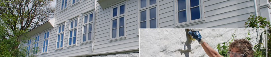 Fastings Minde i Bergen: Et nyrestaurert hus bygd på sent 1700-tall og 1800-tallet, med en svær grunnmur behandlet med vestlandsk tradisjonskalk i 2020. Berit Bruvik utfører vedlikehold i mai 2021.