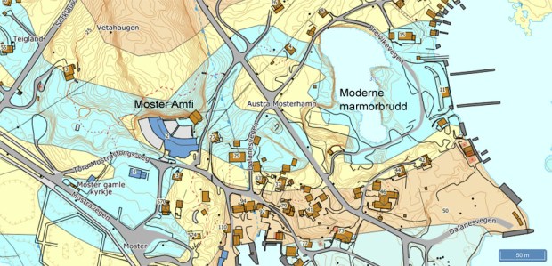 Geologisk kart over en del av Mosterhamn. Lyseblått er marmor. Praktisk talt all marmor i området har vært gjenstand for steinbrytning. Kilde: NGU