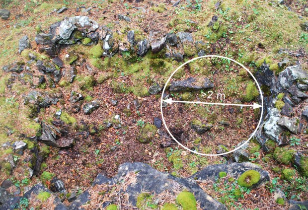 Den sammenraste og omrotede kalkovnen sett ovenfra. Indre diameter i ovnen vil ha vært drøye 2 m