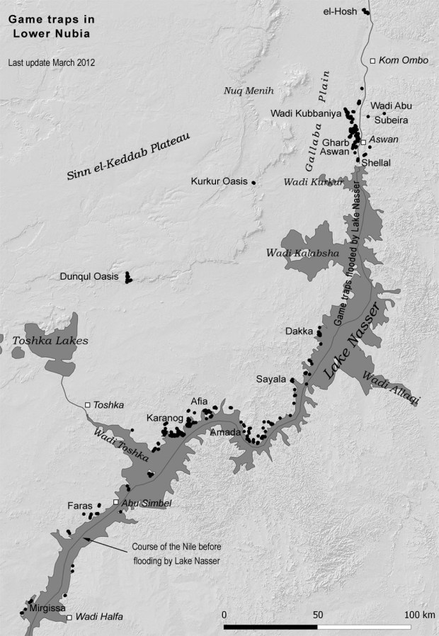 Distribution of the game traps along a 400 km stretch of the Nile in Lower Nubia. Map by Per Storemyr