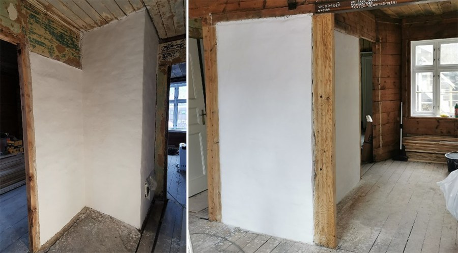 Eldre hus, Bergen: Brannmur reparert med Hyllestadkalk, Visneskalk og Skaftåkalk. Utført av Berit Bruvik (foto)