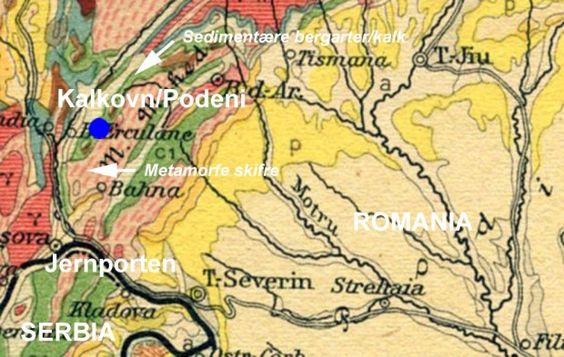 Del av eldre geologisk kart over Romania, med de søndre Karpatene. KIlde: Wikimedia Commons