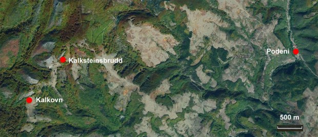 Kart. Landsbyen Podeni, kalkovn og kalksteinsbrudd. Bakgrunn: Google Maps