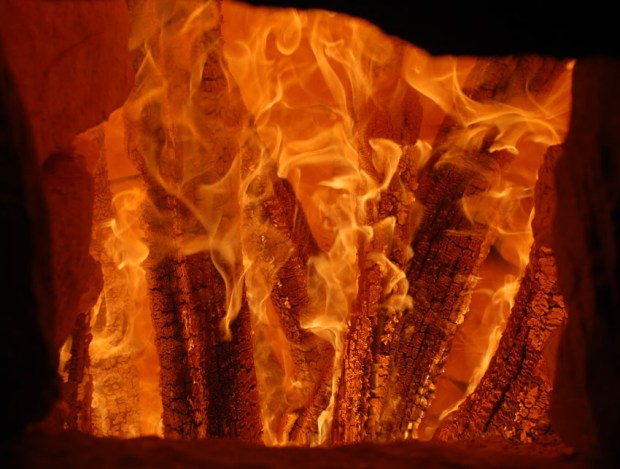 Den oppreiste veden brenner lystig i ovnen.