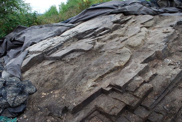 Hard, men oppsprukket sandstein i veksling med skjellrike, leirete lag. Disse brytes fort ned og sandsteinen mister sitt "fundament" og faller fra hverandre som små blokker. Ås 4. Foto: P. Storemyr